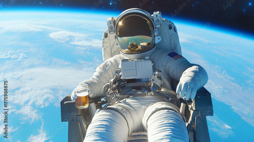 Poster astronaut enjoying a drink in space while relaxing