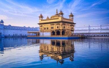 Golden Temple in Amritsar, Golden Temple, Amritsar, India, reflecting in still water at sunset.