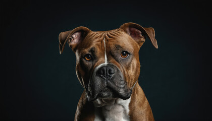 Obraz premium Brown dog with expressive eyes poses against a dark background showcasing its vibrant coat and attentive demeanor