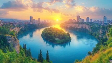 River City Sunset Island Landscape Scene