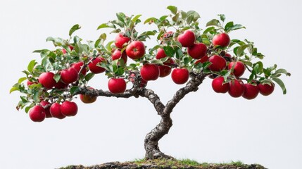 Abundant red apples on a miniature bonsai tree against a white background.