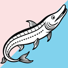 Alligator gar line arts with white background. Hand drawn vector of Alligator Gar fish isolated on white background.