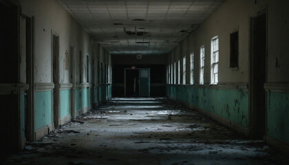 Fototapeta premium Dark and deserted hallway of an abandoned building with peeling walls and scattered debris
