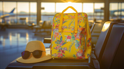 Travel image at airport with yellow floral print luggage backpack bag, hat, sunglasses. Vacation explore wandering adventure weekend trip lifestyle or spring break sunny getaway.