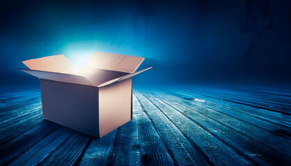 cardboard, open, light, shine, contents, design, blue space, close-up, illustration