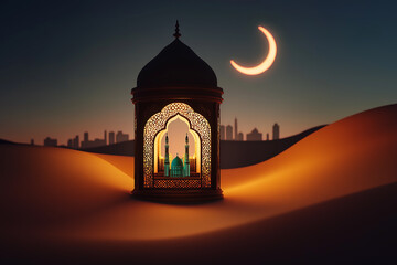 Fototapeta premium Ornate lantern illuminating mosque in desert landscape at night with crescent moon