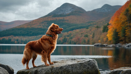 Golden retriever standing on a rock by a tranquil lake surrounded by autumn mountains in a scenic landscape