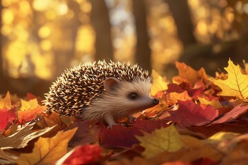 Charming Hedgehog Foraging in Colorful Autumn Leaves Golden Sunlight Illuminates Quills in Serene Woodland