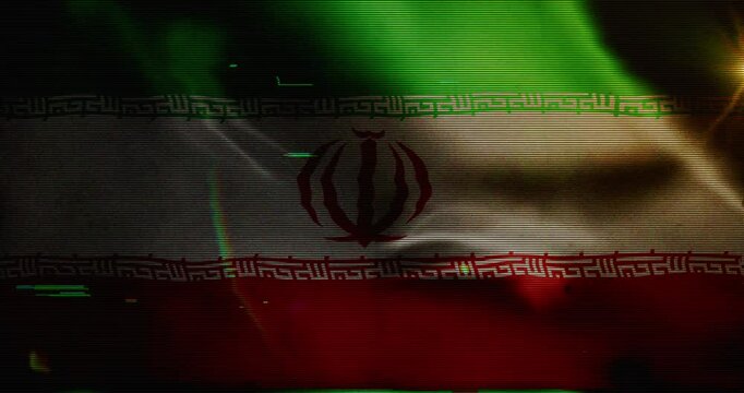 Iran flag waving with glitch noise. Iranian blowing banner seamless and looped concept animation.