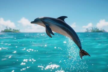 Obraz premium Sleek Dolphin Joyfully Leaping from Turquoise Ocean with Sparkling Water Drops and Tropical Islands Under Vivid Blue Sky