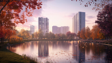 Obraz premium A peaceful autumn evening by the pond in a city park, with trees shedding colorful leaves into the water, the sky turning soft shades of pink and purple, and modern apartment buildings towering in the