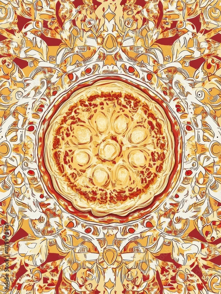 Poster vibrant hand drawn doodle featuring a detailed pizza surrounded by whimsical patterns and colors. ge