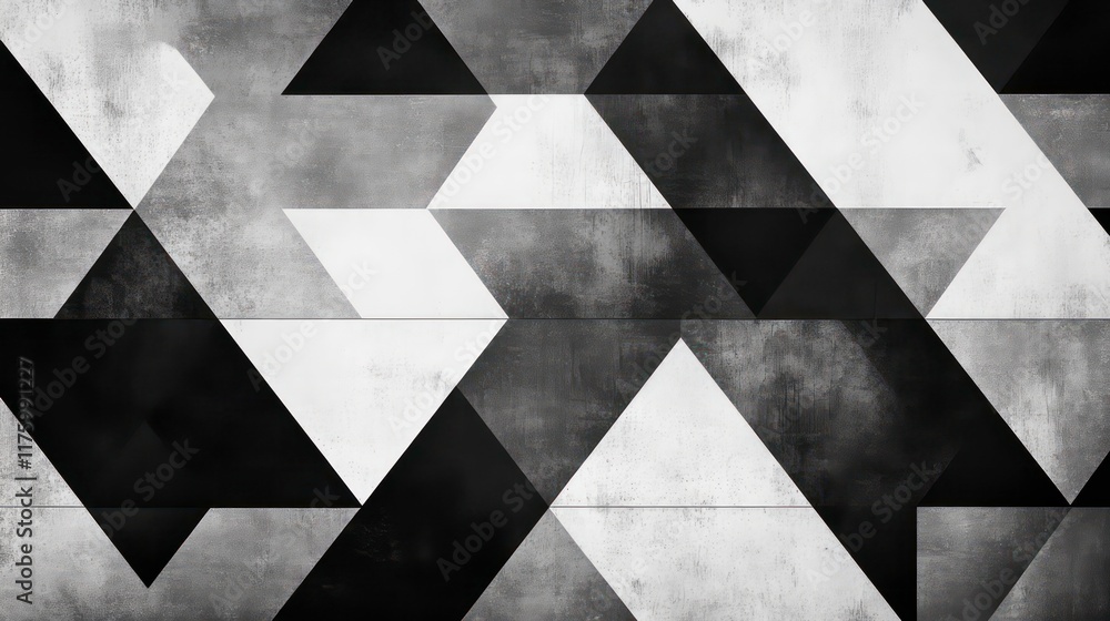 Poster an artistic geometric pattern featuring contrasting black and white triangular shapes,adding depth a