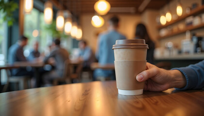 Reusable coffee cup on table in café interior with people chatting nearby for Earth Day