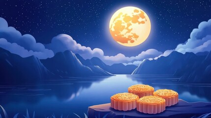 Lunar new year colorful illustration depicting mooncakes surrounded by the beauty of a full moon and lake wallpaper.