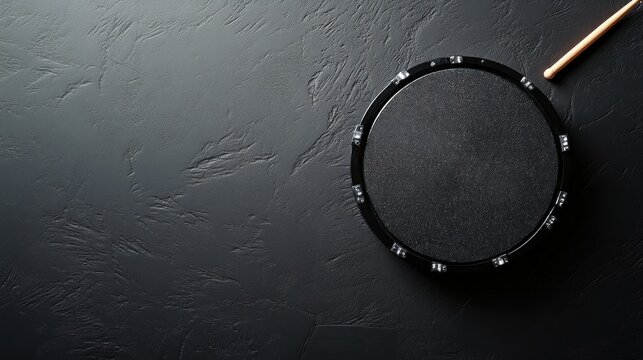 Black practice pad and drumstick on dark surface.