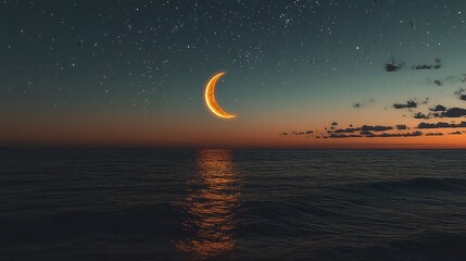  Crescent moon reflecting on calm ocean water during a serene night. Stars fill the sky, creating a peaceful and mesmerizing coastal scene with a magical atmosphere.