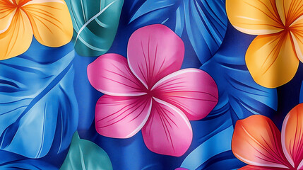Colorful tropical frangipani flowers and leaves creating vibrant hawaiian pattern