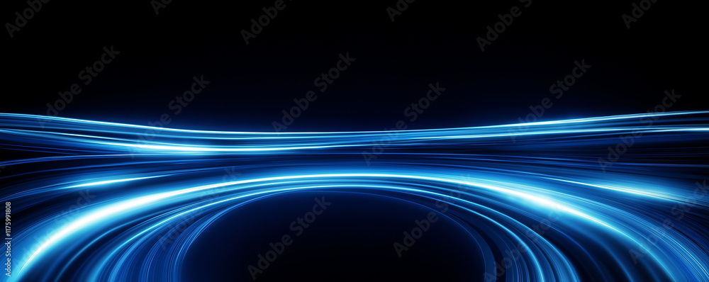 Poster Abstract blue light trails creating dynamic curved lines on black background