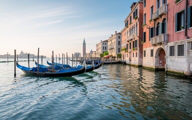 Fototapeta premium Venice Canal Serenity, Gondolas moored along a canal in Venice at sunrise, with buildings and San Giorgio Maggiore in the background.
