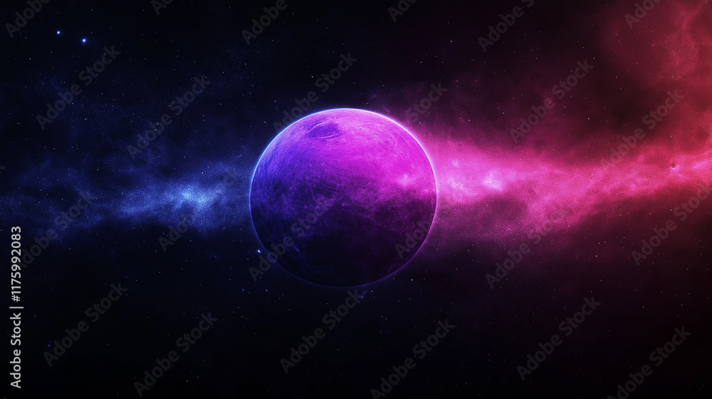 Aufkleber purple planet floating in colorful nebula with bright stars in the background