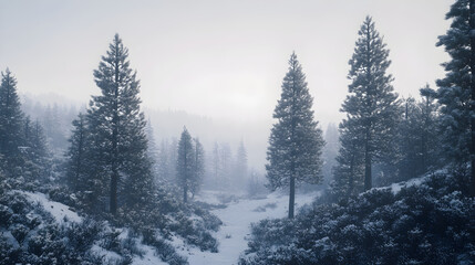 Serene Snowy Pine Forest Under a Tranquil Pale Gray Winter Sky, Reflections in Nature