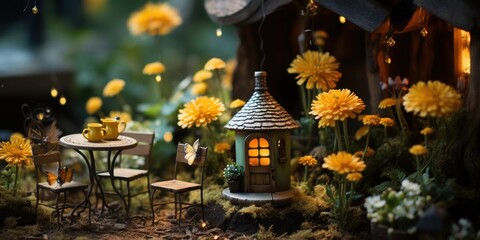 Fototapeta premium Miniature fairy house garden with tea set, flowers, lights.