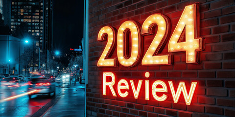 2024 review sign illuminating brick wall at night with city traffic