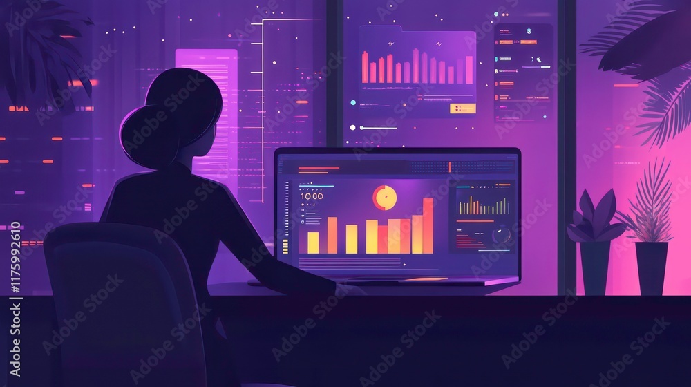 Poster analyzing business data trends on a laptop office setting infographic digital environment focused vi