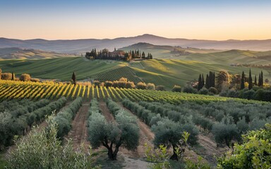 Naklejka premium Tuscany’s Rolling Hills, Tuscan sunrise over vineyards and olive groves.