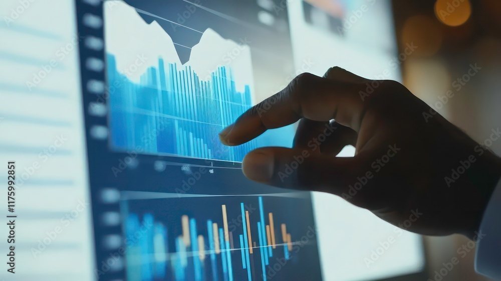 Poster analyzing business growth: a professional hand engages with rising trends in data analytics visualiz