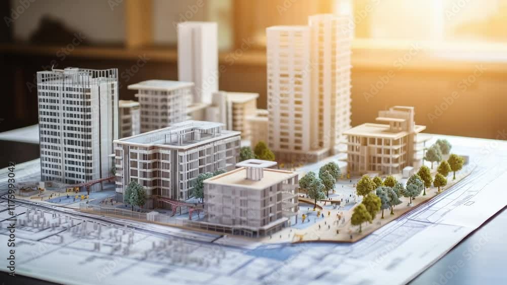 Poster displaying an architectural model of a city atop detailed blueprint design plans in a bright office 