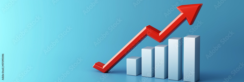 Poster red arrow growing over increasing bar graph on blue background