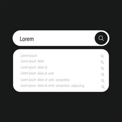 Search Bar with suggestions for UI UX design and web site. Search Address and navigation bar icon in black background