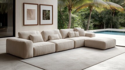Obraz premium Beige modular sectional sofa on patio with pool view.