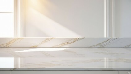 Contemporary marble countertop glistens under natural light filtering through a nearby window, highlighting its elegant patterns and smooth surface in a minimalist kitchen.