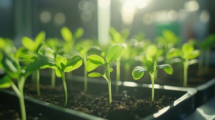  Tiny seedlings emerging from the soil in a greenhouse, with delicate stems and fresh leaves illuminated by warm, filtered light. Symbolizes growth and nurturing.