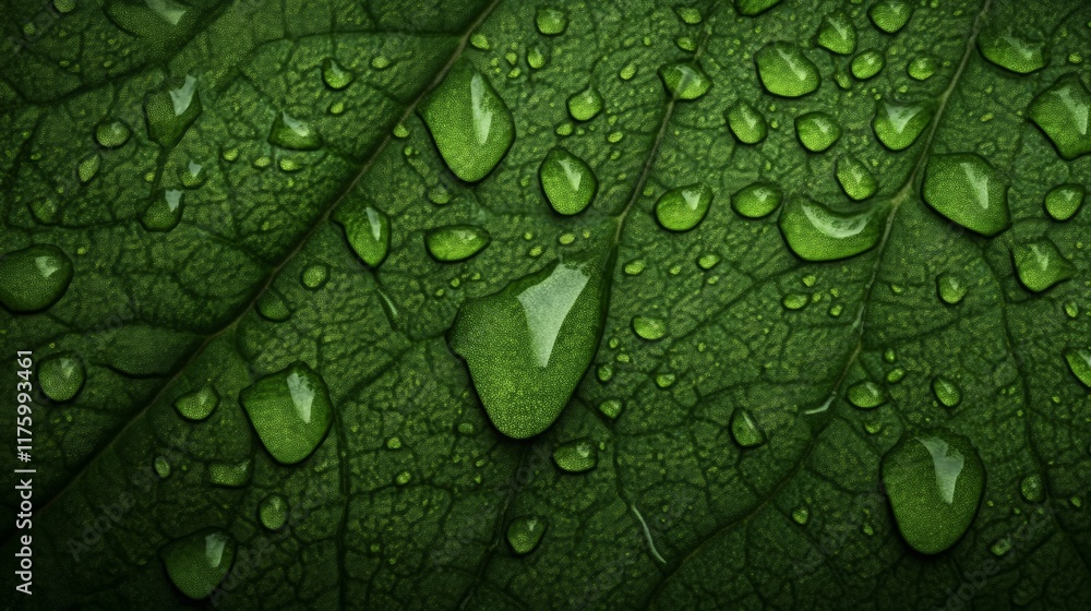 Poster close up of vibrant green leaf with water droplets highlighting its intricate texture, creating a me