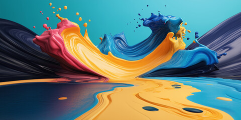 Colorful paint splashing and mixing in a surreal landscape
