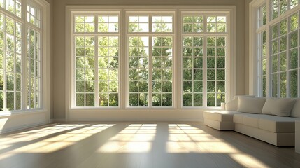 Obraz premium Spacious empty living room in a brand-new house, featuring large windows that let in abundant natural light. Perfect for real estate listings and home staging.