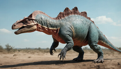 Dinosaur walking on a dry landscape under clear blue skies during the daytime