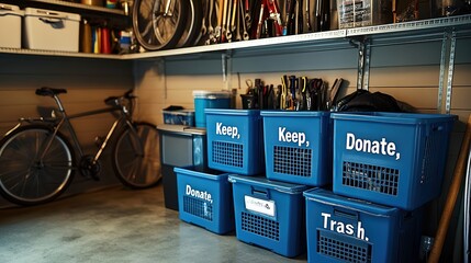 Obraz premium Organized garage featuring labeled blue bins for sorting items into keep, donate, and trash categories. Bicycle and tools neatly arranged highlight clean, practical decluttering solution.