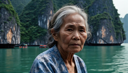 Fototapeta premium Elderly woman gazes contemplatively while surrounded by stunning limestone cliffs and serene waters in a remote location