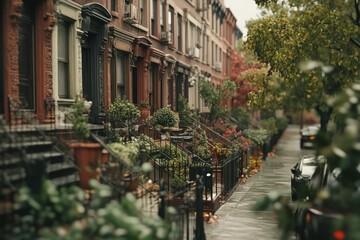 Fototapeta premium Rainy autumn day on a city street, brownstones, fall foliage. Perfect for travel blogs.