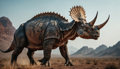 Fototapeta premium Majestic dinosaur stands in a desert landscape surrounded by mountains during a calm sunset