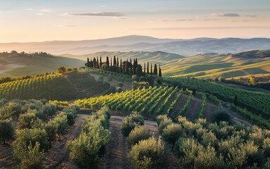 Tuscany’s Rolling Hills, Tuscan countryside at sunset, vineyards, olive trees, cypress trees, rolling hills.