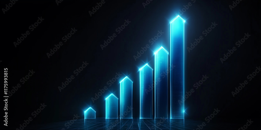 Poster increasing glowing blue bar graph showing growth on grid floor and black background