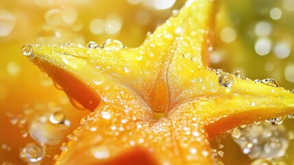 Close-up of a star fruit blossom covered in water droplets.