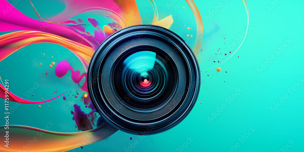 Poster Camera lens emerging from colorful abstract design on turquoise background