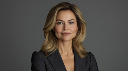 Fototapeta premium Confident businesswoman smiling in studio portrait on gray background
